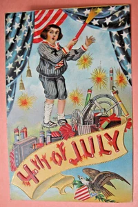 1909 era 4th of July Postcard with Patlriotic Theme & Boy with Lots of Fireworks - Picture 1 of 2