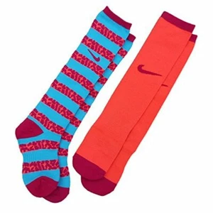 NIKE Girls' Graphic Knee High Socks 2 Pack -Crimson & Blue Kids Shoe Size 9C-13C - Picture 1 of 2