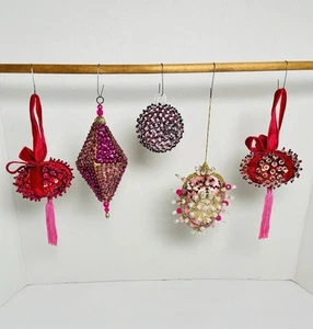 Lot of 5 Vintage Sequin Push Pin Beaded Pink Christmas Ornaments - Picture 1 of 12