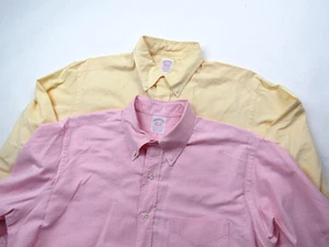 2 Vtg 80s 90s Brooks Brothers Makers Yellow Pink Shirt 16.5 Made in USA OCBD Lot - Picture 1 of 24
