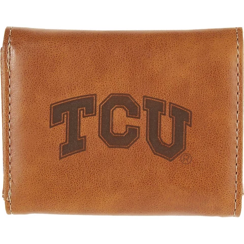 TCU Horned Frogs NCAA Laser Brown Engraved Synthetic Leather Trifold Wallet Cover