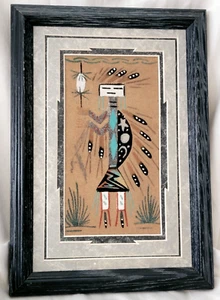 Vintage Authentic Native American Navajo Yei Sand Painting Framed 13.5" x 9.5" - Picture 1 of 10