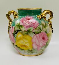 DOUBLE DRAGON HANDLE HAND PAINTED ROSES VASE 10", UNMARKED, ARTIST SIGNED, GOLD
