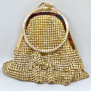 Gold Vintage Luxury Crystal Diamond Purse Clutch Pouch Party Metal Clasp Brink - Picture 1 of 12