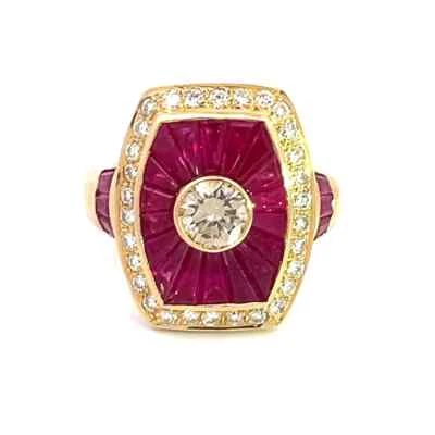 Diamond Ruby Gold Ring 18k Yellow Tapered Top Cocktail - Image 1 of 4