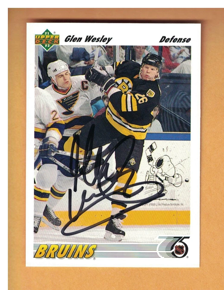 Glen Wesley AUTOGRAPHED 1991-92 UPPER DECK HOCKEY CARD SIGNED BOSTON BRUINS  - Image 1 of 1