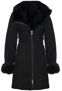 Abrigo Chaqueta Toscana Merino Gamuza Negra con Capucha de Oveja Piel de Oveja para Mujer - Imagen 1 de 5