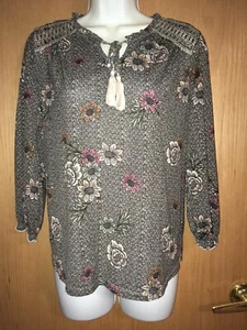 Style & Co Petite Size PM Floral Pheasant Front Tie Tassel Womens Blouse Top - Picture 1 of 7