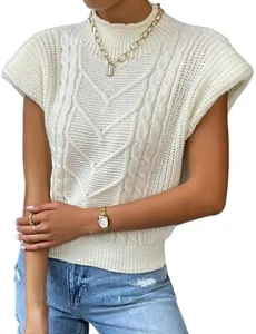 Women’s Sweater Vest Top Sleeveless Cable Knit Mock Neck Sweater Tank Short S... - Picture 1 of 6