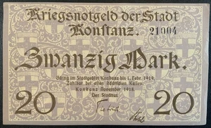 1919 GERMANY-KONFTANZ PAPER MONEY - 20 MARK BANKNOTE! - Picture 1 of 2