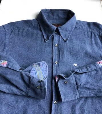 ETRO  solid blue cotton flannel button -down shirt  Sz 18~45 made in Italy 🇮🇹 - Image 1 of 4