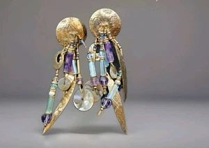 14 KT GOLD FILLED TABRA SIGNED EARRINGS AMETHYST CRYSTAL DESIGNER DANGLE TRIBAL - Picture 1 of 4