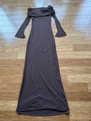 Meshki Josie Off Shoulder Mesh Maxi Dress in Dark Brown Size XS - Image 1 of 4