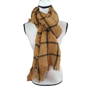 Remi & Reid Lightweight Fringe Scarf in Brown & Black Plaid Women's One Size - Picture 1 of 4