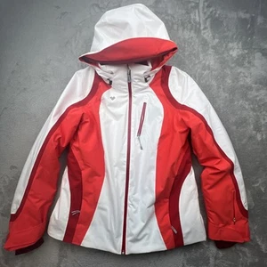Obermeyer Ski Jacket Woman Sz 12 White Pink Red Zip Up Hooded Thermore Insulated - Picture 1 of 13