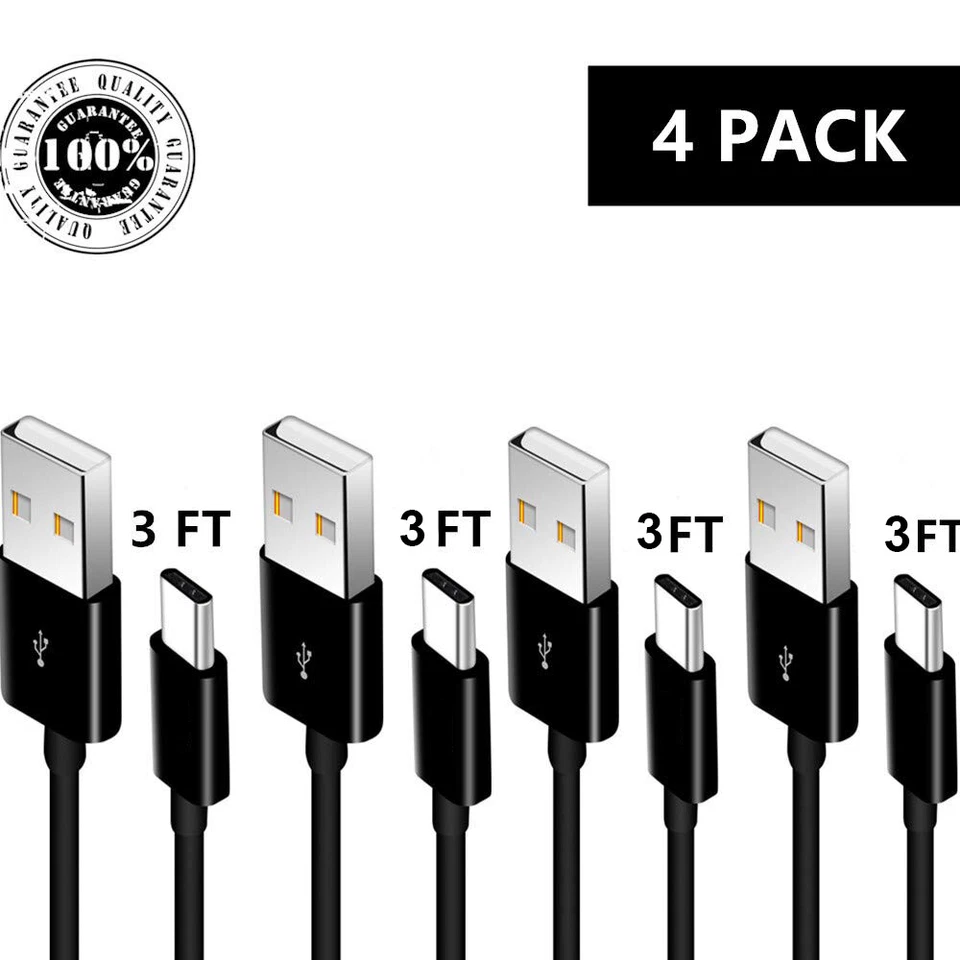 4 Pack 3FT USB C Cable Type C Fast Charger For Galaxy S8 S9 S10 Plus Note 8/9 BK - Image 1 of 4