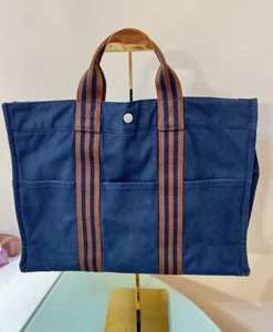 HERMES Paris Fourre Tout MM Navy Brown Cotton Canvas Tote Hand Bag Purse Paris - Picture 1 of 16