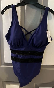 Husmeu Women's Tummy Control One Piece Swimsuit V Neck Mesh Monokini L Navy Blue - Picture 1 of 11