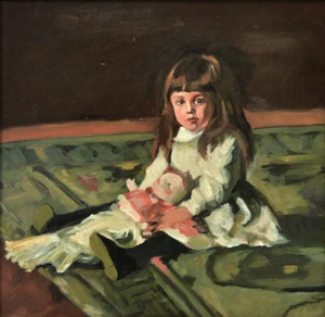 OIL PAINTING, little girl with doll, manner of John Singer Sargent - Picture 1 of 4