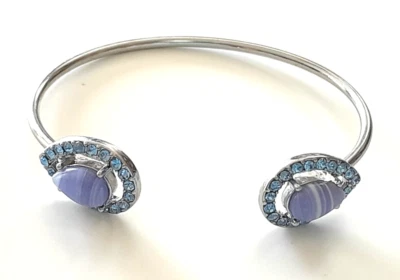 Impresionante Brazalete Abierto Azul Estrás Pera Encaje Ágata Azul Tono Plata 7" Foto 1 de 4