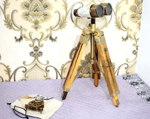 Deluxe Brass Binocular w/Clear-Sharp Optics-Presented w/ A Wooden Tripod Stand - Picture 1 of 11