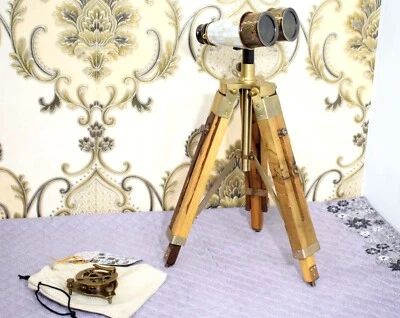 Deluxe Brass Binocular w/Clear-Sharp Optics-Presented w/ A  Wooden Tripod Stand - Image 1 of 4