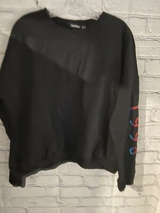 Boohoo Black Graphic WOMAN LONDON PARIS NY L/S Sweatshirt STRETCH Women s US 10 - Picture 1 of 7