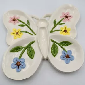 Butterfly Divided Dish Plate Platter Snack Tray Floral Ceramic Vintage 9.5” - Picture 1 of 22