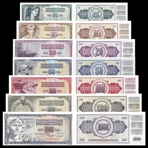 Yugoslavia Set 7 PCS, 5 10 20 50 100 500 1000 Dinara 1965-1986 Old type note UNC Cover