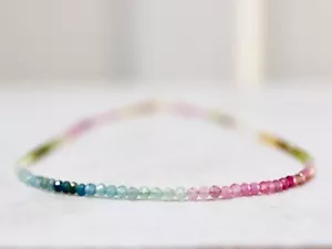 Watermelon Tourmaline Faceted Round Gemstone Beads Minimalist Women Necklace 18" - Picture 1 of 9