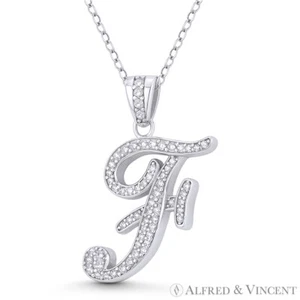 Initial Letter "F" Cursive Script CZ Crystal 925 Sterling Silver Rhodium Pendant - Picture 1 of 1