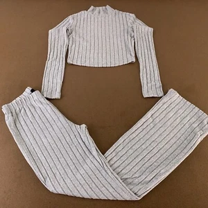 Elengatine Women's Size Medium Gray Knit 2 Piece Crop Top Flare Leg Pant Set New - Picture 1 of 15