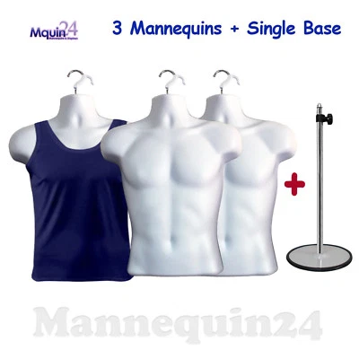 3 PACK WHITE MALE TORSOS + 3 HANGERS + 1 STAND - MEN DRESS FORM MANNEQUIN - Image 1 of 4