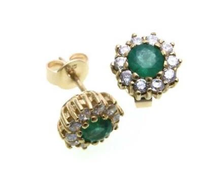 Damen Ohrringe Stecker echt Smaragd rund Gold 333 Zirkonia Gelbgold Ohrstecker - Bild 1 von 2