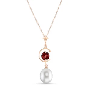 14K. GOLD NECKLACE WITH NATURAL PEARL & GARNET - Picture 1 of 15