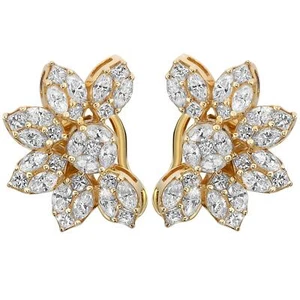 Marquise & Princess Cut Diamond Flower Stud Earrings 14K Yellow Gold 2.96Cttw - Picture 1 of 4
