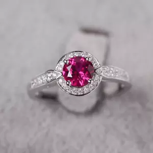 Pink Ruby Minimal Women Ring Lab Created Gemstone 925 Sterling Silver Ring - Picture 1 of 5
