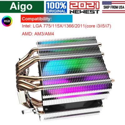 6 Heat Pipes CPU Cooler Cooling Fan 3 Pin PWM RGB Intel LGA Core AMD Universal - Image 1 of 4