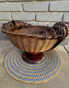 Beautiful Round Handmade Basket On Wood Pedestal W Braided Handles Unique Large - Picture 1 of 13