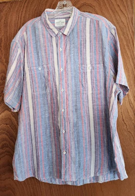 Camisa masculina True Grit XXL 2 bolsos manga curta mistura de linho listrada leve - Imagem 1 de 4