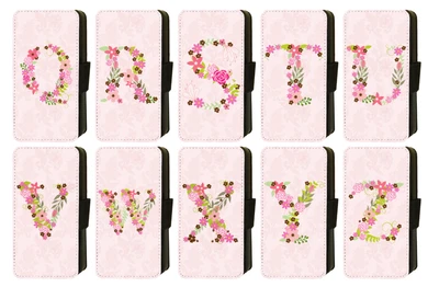 Personalised INITIAL iPhone PINK FLORAL LETTER Wallet Flip Phone Case Galaxy. - Image 1 of 4
