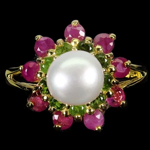 925 Sterling Silver Ring Round Ruby Chrome Diopside Pearl Gemstone Jewelry Size  - Picture 1 of 14
