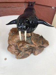 John Perry Vintage Sculpture Walrus Tusks On Burl Wood Nautical Décor Rare!! - Picture 1 of 14