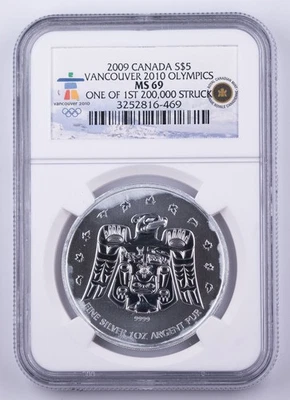 Certified 2009 Canada Silver $5 Vancouver 2010 Olympics NGC MS69  - Image 1 of 4