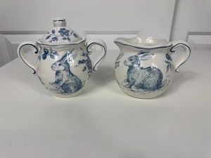 Maxcera Blue White Toile Bunny Rabbit Sugar Bowl & Creamer - Picture 1 of 14