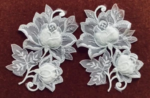 APPLIQUE PADDED FLOWER MOTIFS x 2 EMBROIDERED ORGANZA Genuine 1950/1960s Vintage - Picture 1 of 3