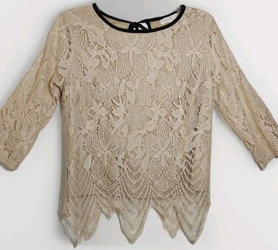 Love Fire Nude Beige Lace  Sz M Sheer Blouse Top 3/4 Sleeve Lined Stretch Chic - Image 1 of 4