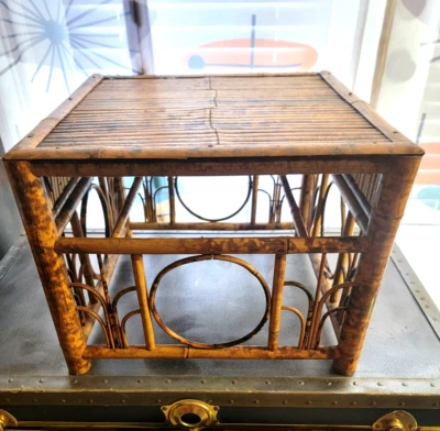 Antique Mid Century Art Nouveau Tortoise Burnt Bamboo Rattan End Table Stand - Image 1 of 4