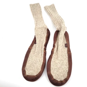 Acorn Wool Blend Slipper Socks Men's 12-13 Oatmeal & Brown Leather Sole - Picture 1 of 6
