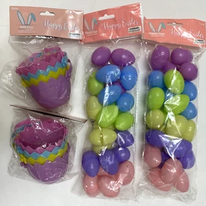 Mini uova di Pasqua in plastica 48 pezzi riempibili e 8 cesti pasquali pastelli assortiti - Foto 1 di 10